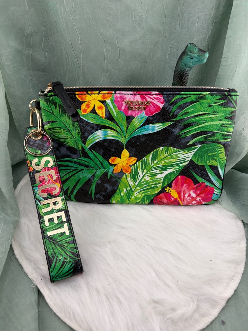 Victoria's Secret Black Tropical Floral Wristlet with Matching Strap
